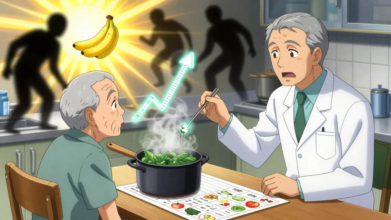 An elderly patient boiling spinach while a dietitian guides them to safer foods, glowing chart and shadowy culprits in background.