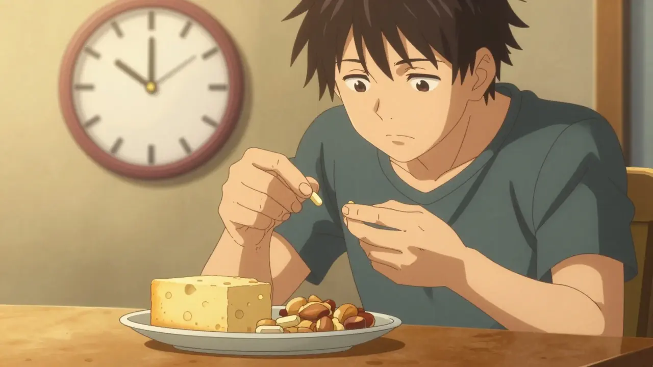 Character taking medication with a snack at a travel table.