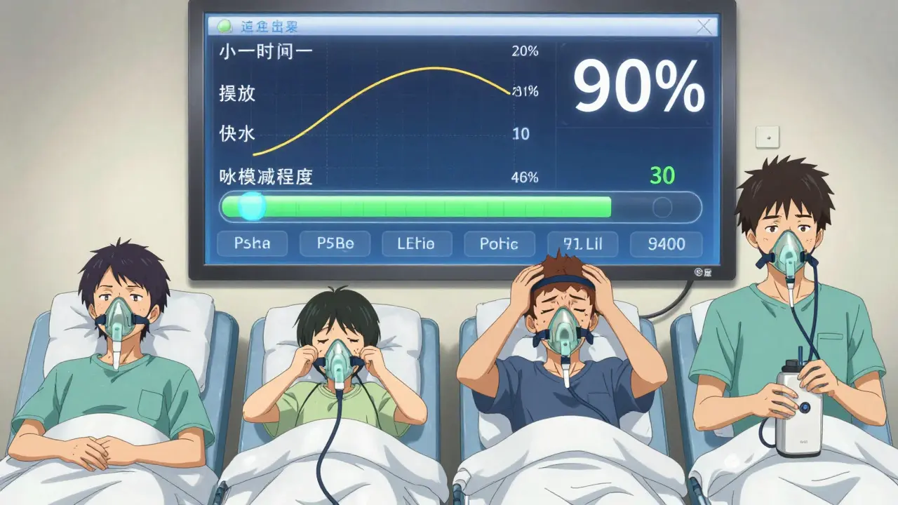 Four people in a sleep clinic trying different CPAP masks, with real-time health data displayed on a large screen behind them.
