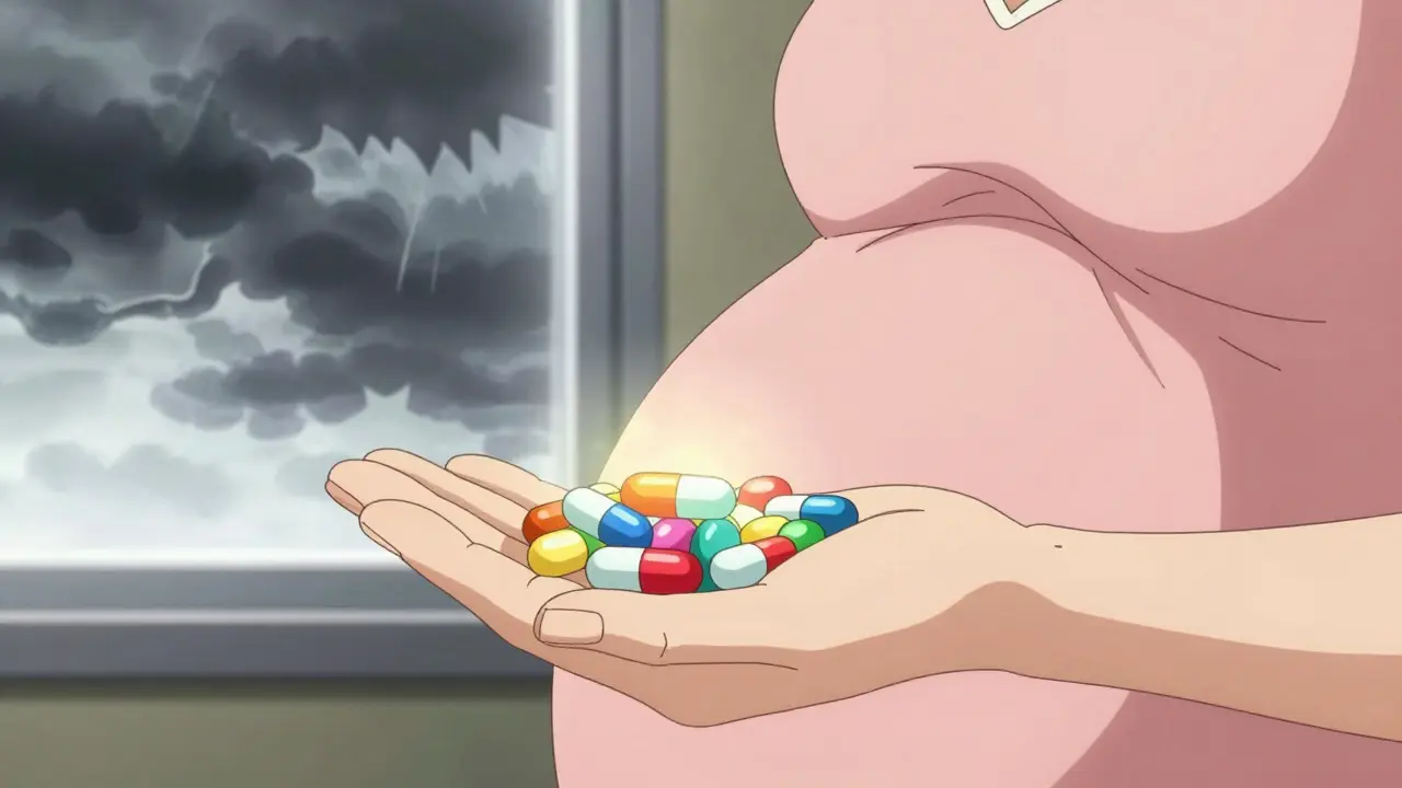 Hand holding glowing medicine capsules near dark storm