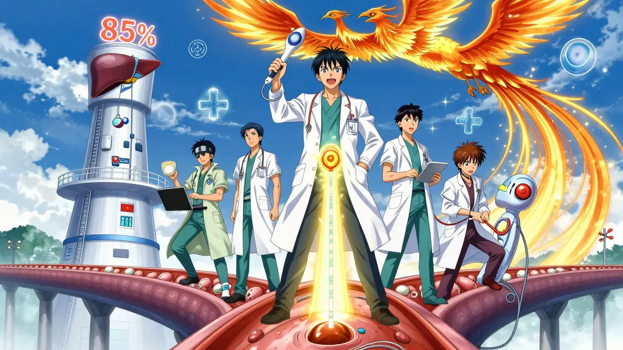 Medical heroes restoring blood flow in a portal vein, with liver transplant and variceal treatment symbols in the background.