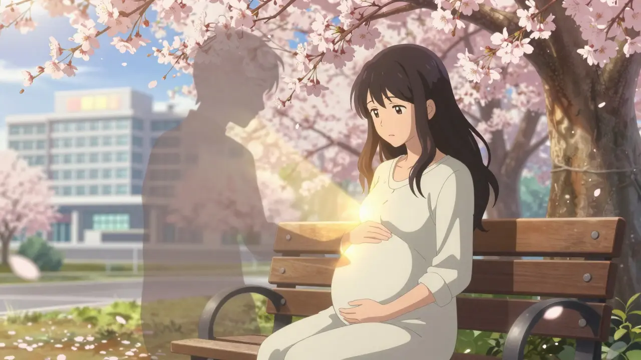 Mother resting in park with hospital visible in distance