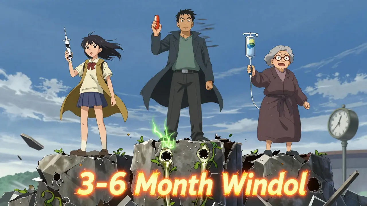 Three patients heal their joints with personalized biologic weapons as time runs out in a dynamic anime scene.