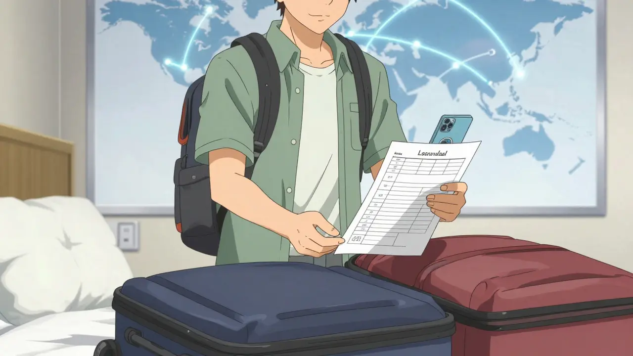 Traveler packing bag with printed schedule and smartphone.