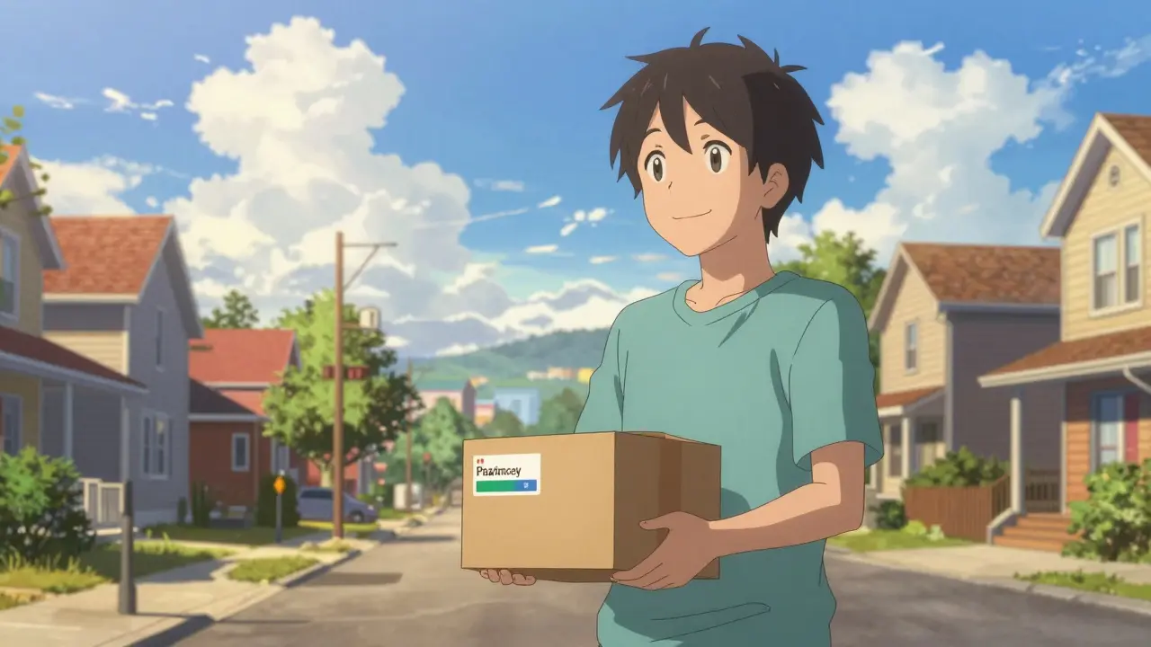 Anime character happily holding a delivered medication package under a bright, sunny sky