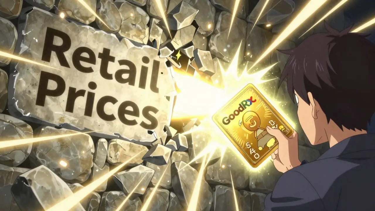 Anime character using a glowing gold discount card to break a wall of high retail prices.