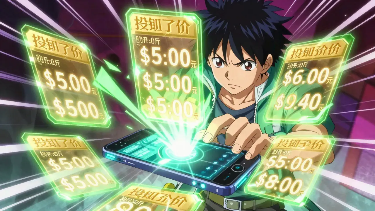 Anime character using a glowing smartphone interface to compare medication prices with dynamic speed lines