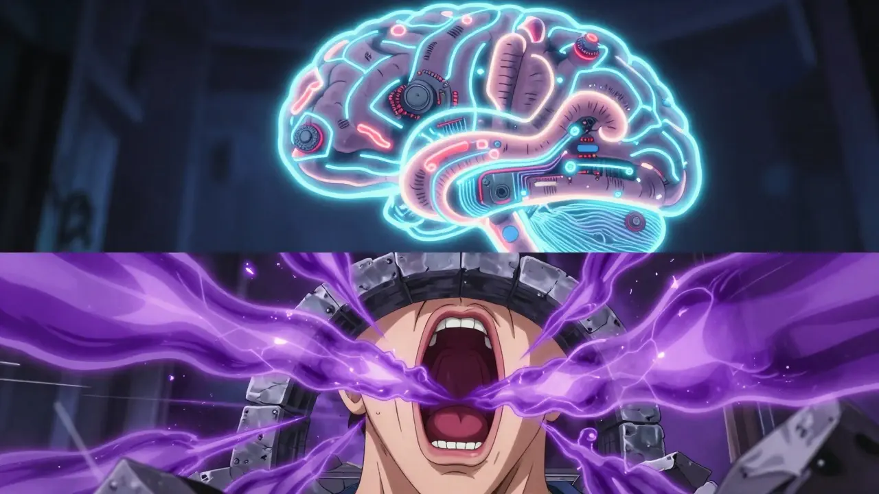 Anime conceptual art showing a glowing brainstem and a collapsing throat airway as a crumbling arch