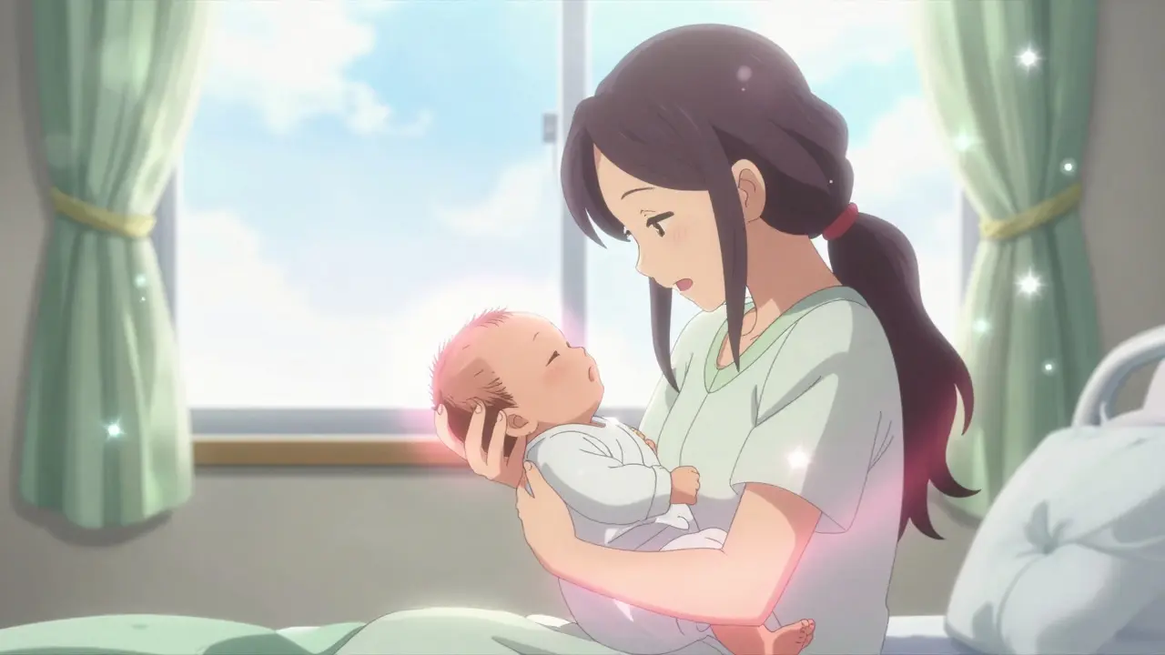 Anime illustration of a happy mother holding her newborn baby after recovering from ICP.