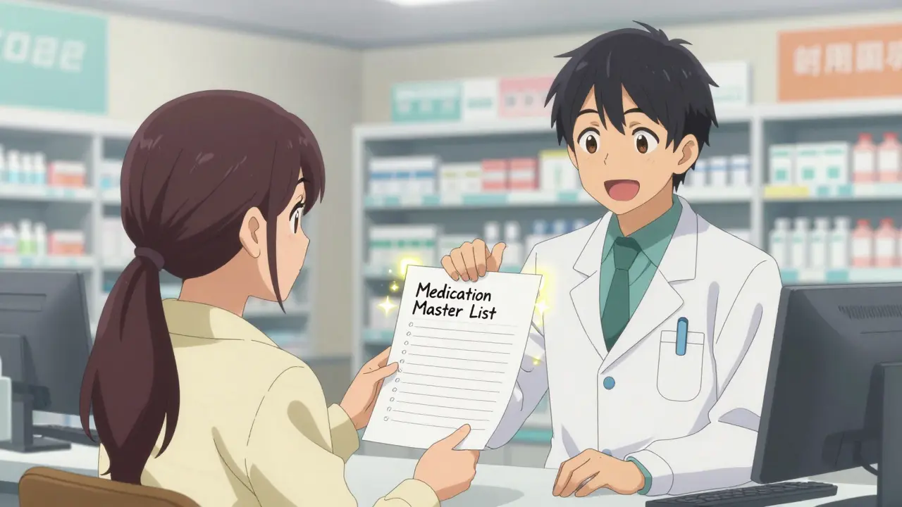 Anime patient confidently discussing a medication list with a pharmacist.