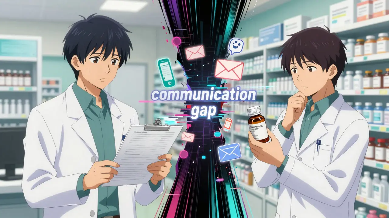 Anime split-screen showing a concerned doctor and a pharmacist with digital communication symbols between them.