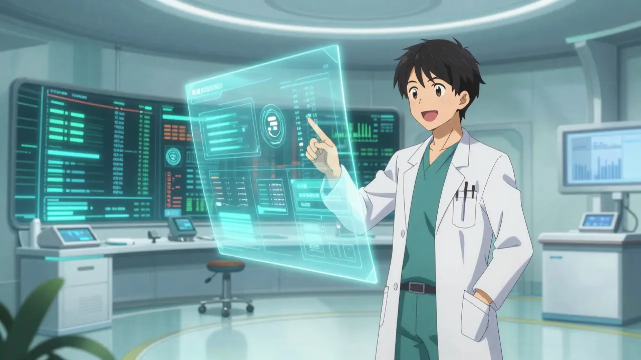Anime style futuristic medical center with a doctor using a holographic dashboard for medication notifications.
