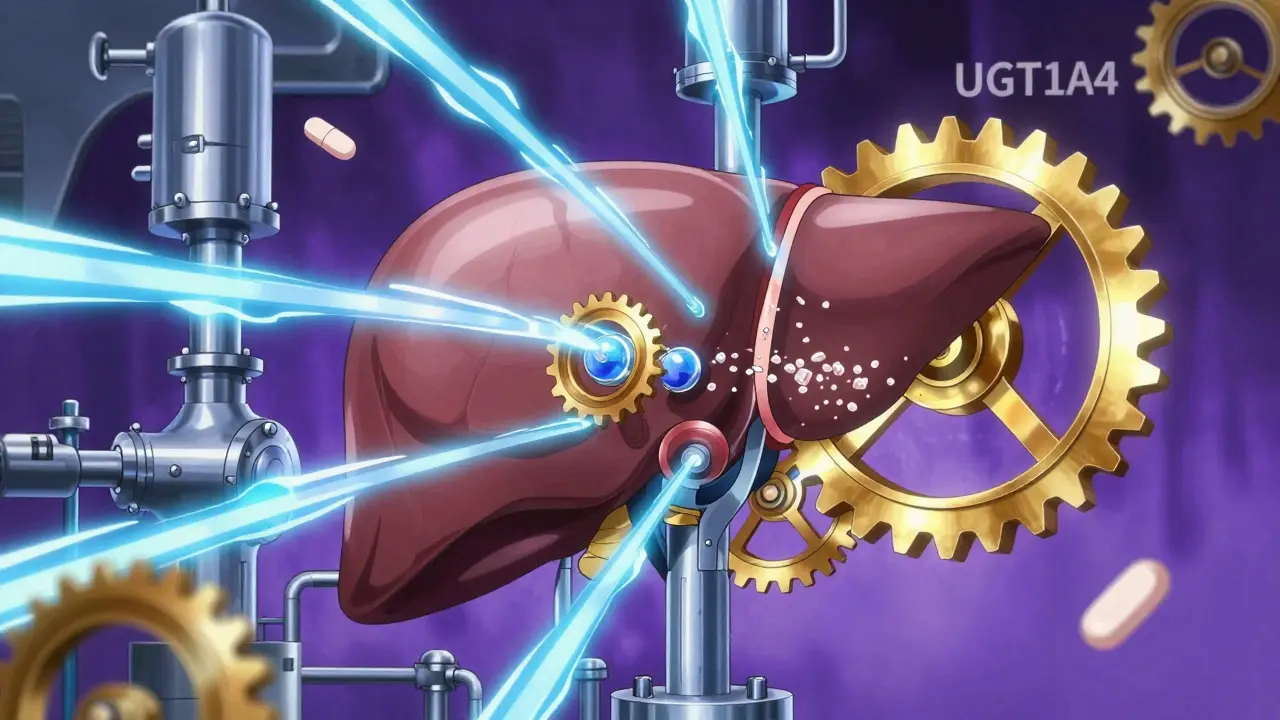 Conceptual anime depiction of liver enzymes processing hormones and medication.