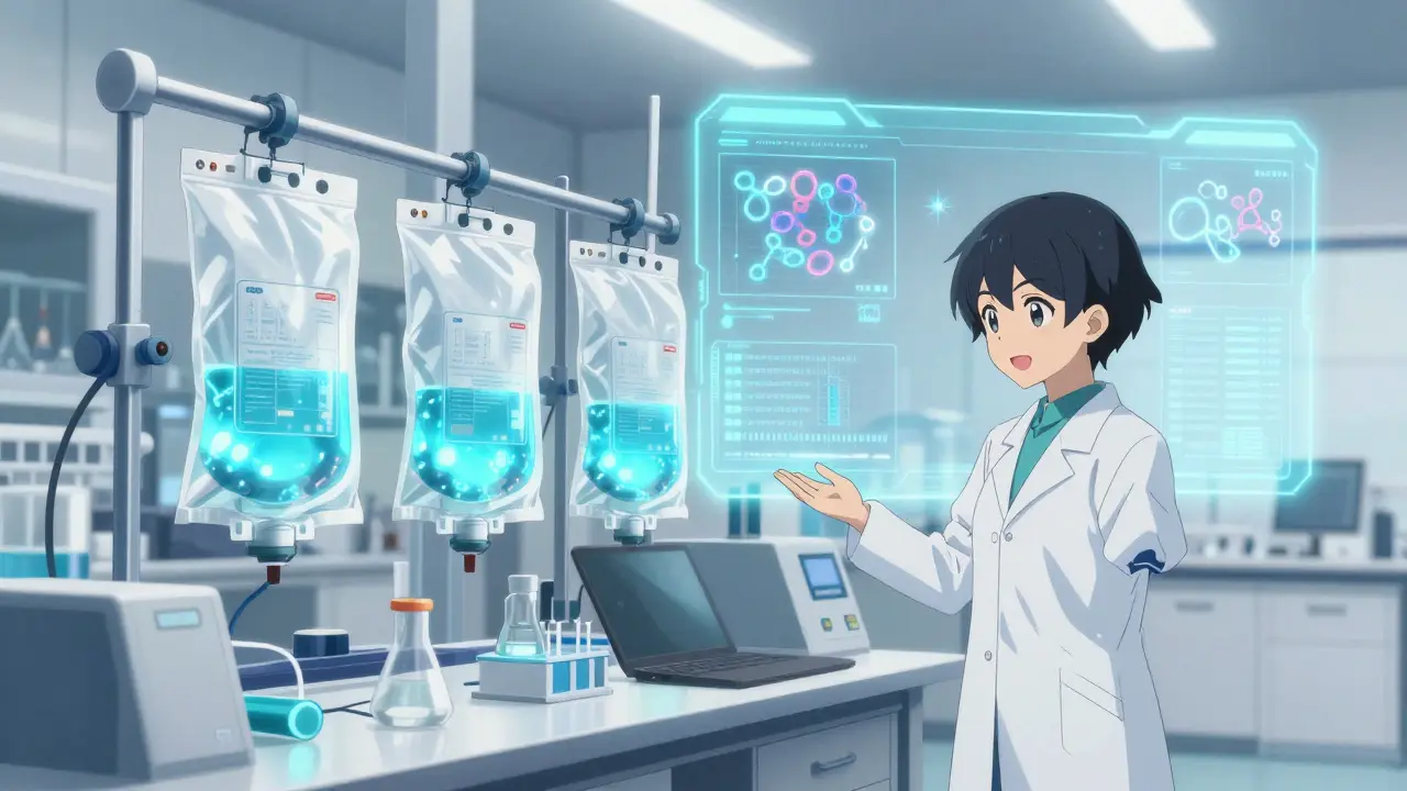Futuristic anime lab featuring single-use bioreactor technology and AI holograms