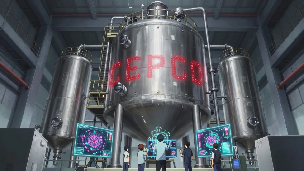 Huge industrial bioreactor in an anime style with engineers monitoring data