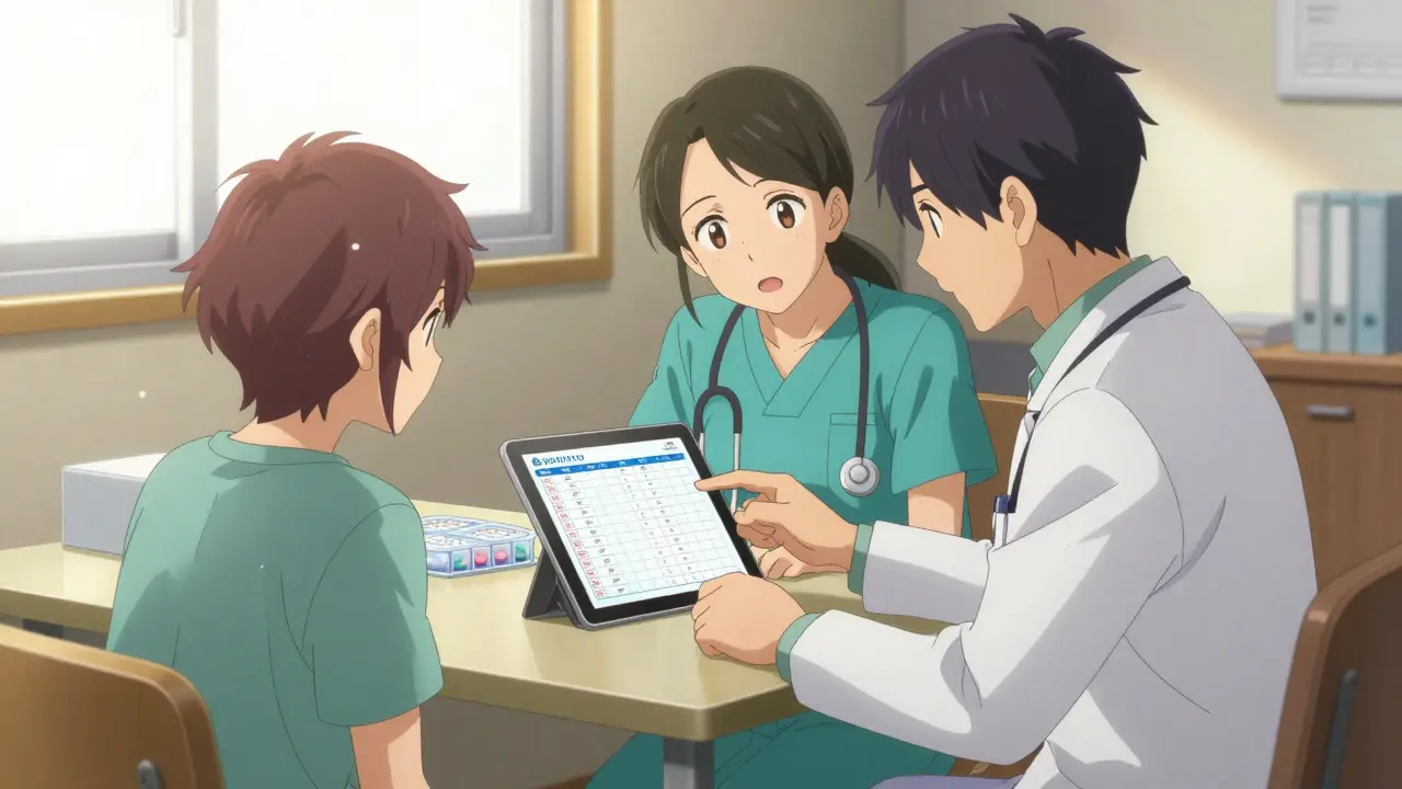 Patient consulting a doctor while viewing a medication list.