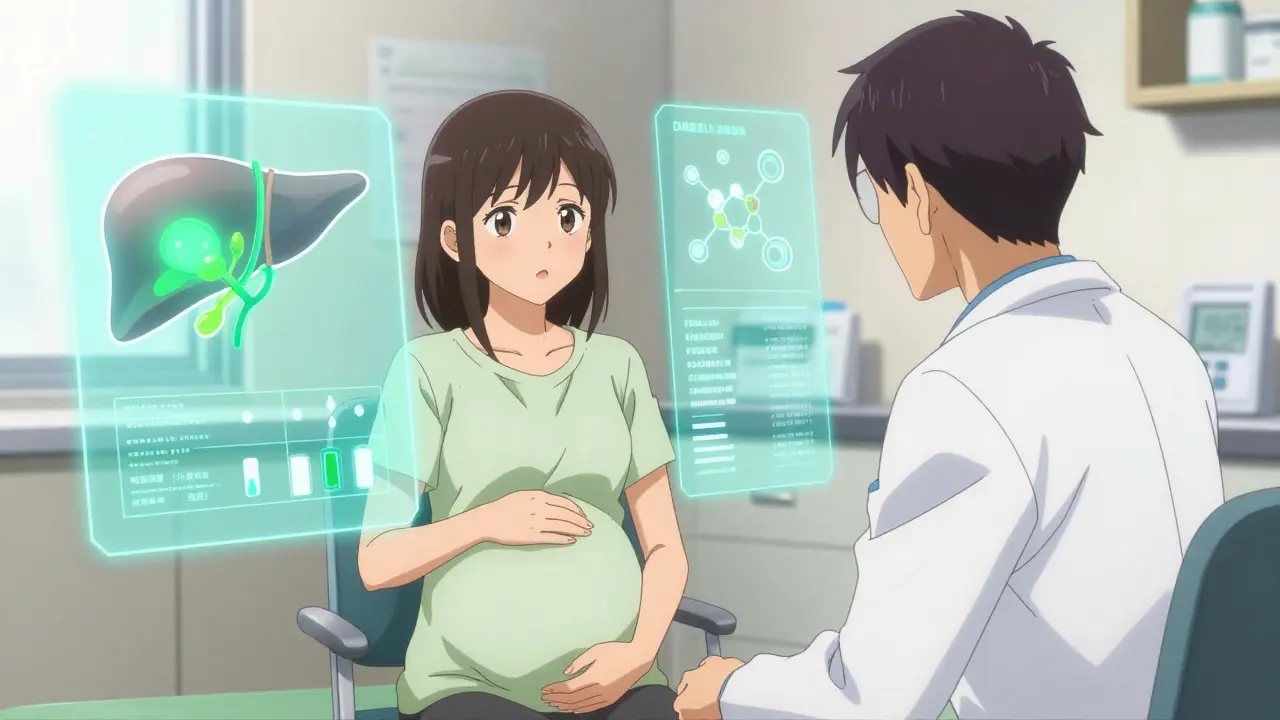 Shounen anime scene of a pregnant woman and doctor discussing liver health with holographic diagrams.