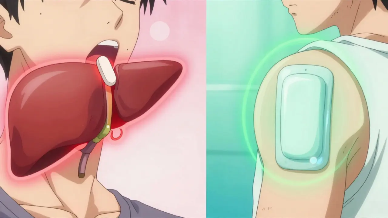Split-screen anime comparison of oral medication versus a transdermal patch.