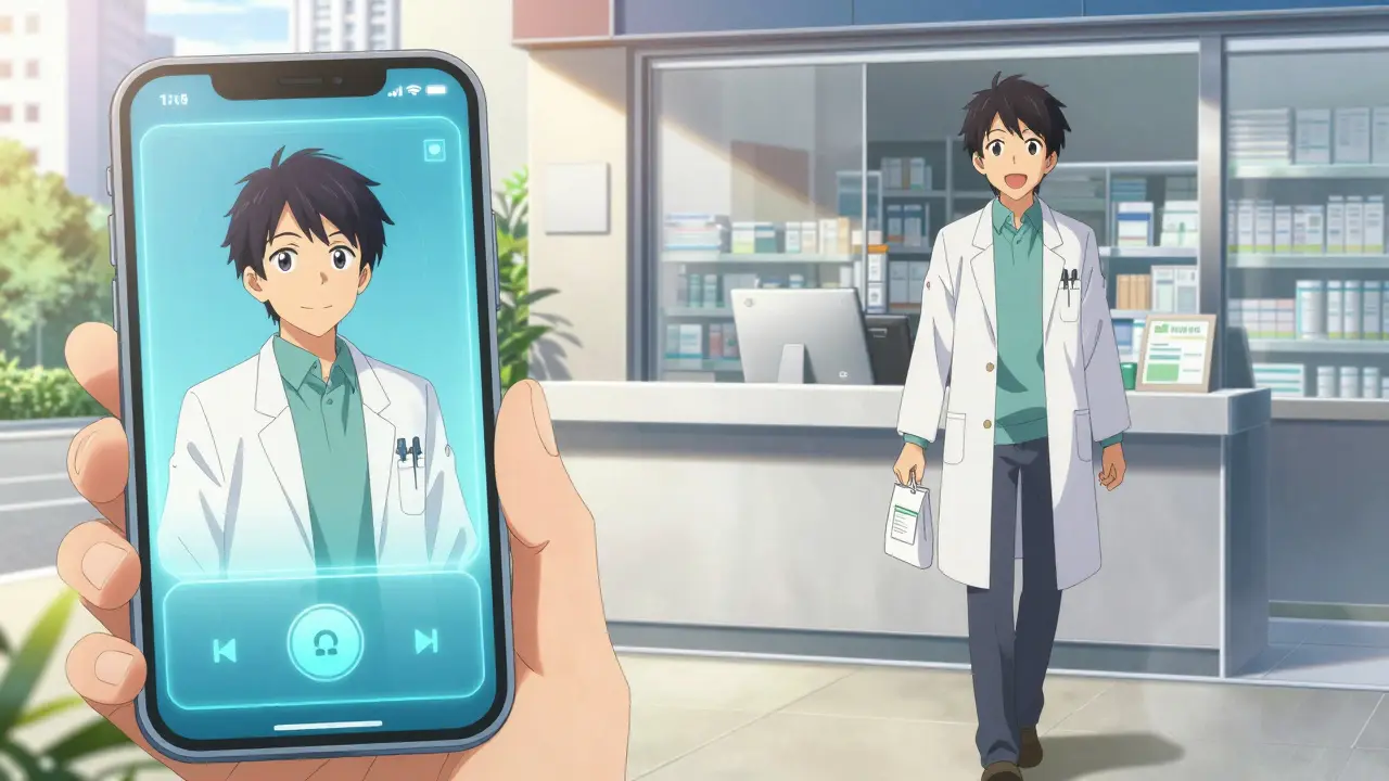 Split screen showing a virtual doctor on a phone and a person picking up medicine at a pharmacy.